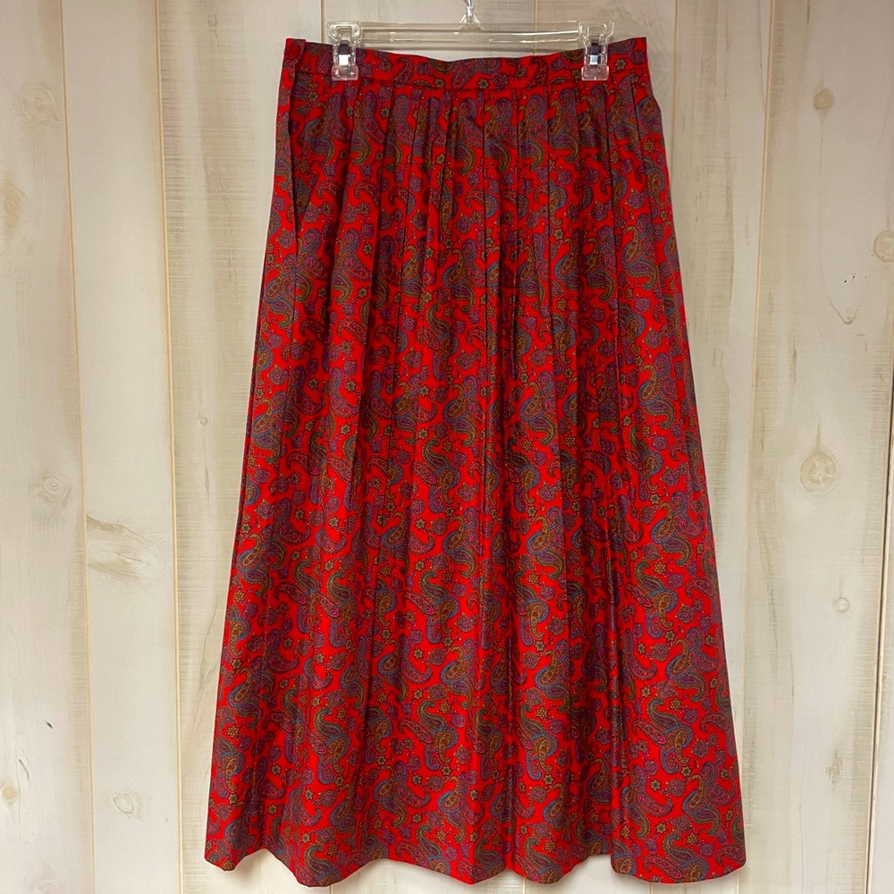 Vintage Orvis Red Blue Green Paisley Pattern Pleated A Line Maxi Skirt Sz 14 - Picture 2 of 7